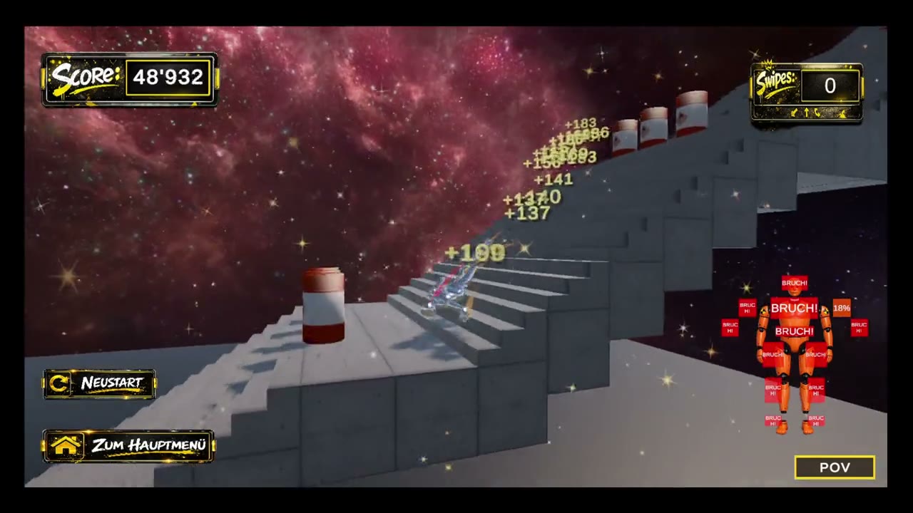 PlayDummi Screenshot – Treppe mit Fässern und Punkteregen